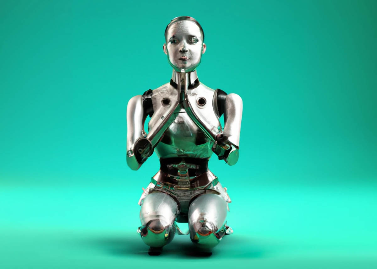an AI-generated image of a robot kneeling in meditation