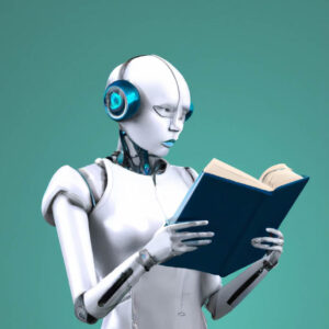 an AI-generated image of a robot deep in thought while reading a book
