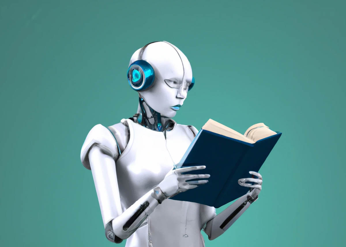 an AI-generated image of a robot deep in thought while reading a book