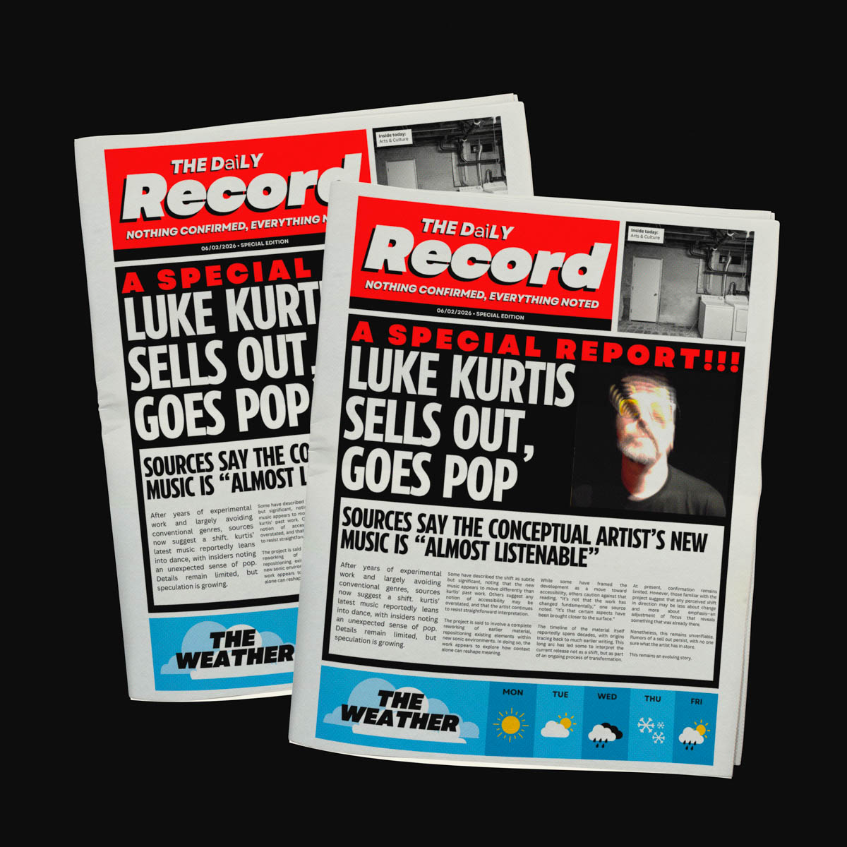Two tabloid-style newspapers against a black background featuring the headline “LUKE KURTIS SELLS OUT, GOES POP,” with bold red-and-black graphics, a blurred portrait photo, and a small black-and-white image of a basement interior in the upper corner.