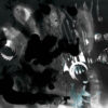 Abstract monochrome digital artwork featuring layered textures, dark ink-like blots and splashes, ghosted vertical streaks, and circular graphic accents over a moody grayscale background.