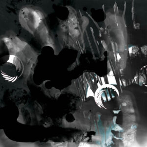 Abstract monochrome digital artwork featuring layered textures, dark ink-like blots and splashes, ghosted vertical streaks, and circular graphic accents over a moody grayscale background.