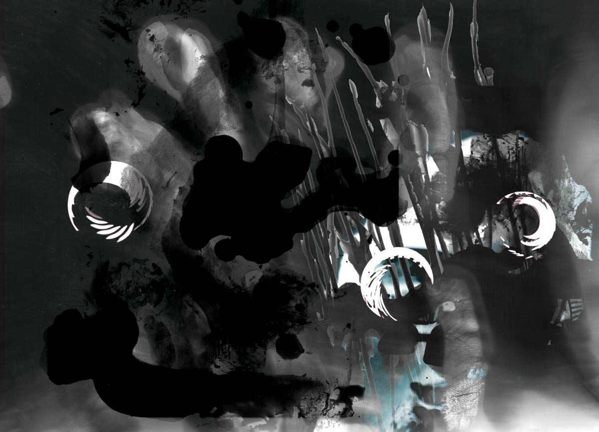 Abstract monochrome digital artwork featuring layered textures, dark ink-like blots and splashes, ghosted vertical streaks, and circular graphic accents over a moody grayscale background.